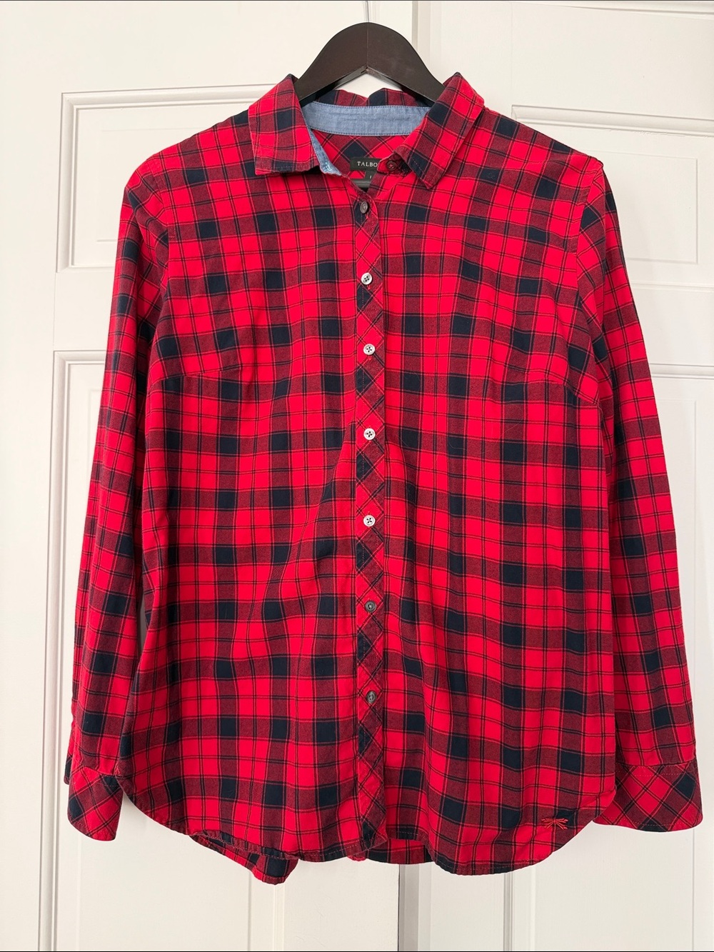 Red and Navy Plaid Button-Up Shirt